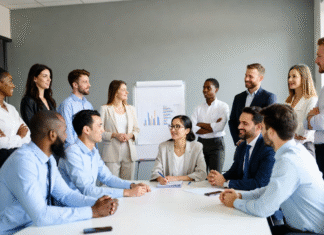 Diverse group of Nigerian entrepreneurs and business leaders gathered around a conference table, smiling and discussing digital transformation and new technology adoption.