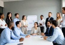 Diverse group of Nigerian entrepreneurs and business leaders gathered around a conference table, smiling and discussing digital transformation and new technology adoption.