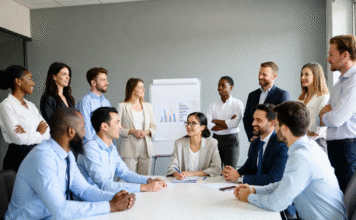 Sl eeNigeria’sping Satellites: How $700m in Space Assets Could Curb Insecurity Diverse group of Nigerian entrepreneurs and business leaders gathered around a conference table, smiling and discussing digital transformation and new technology adoption.