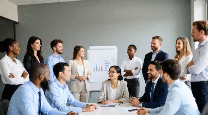 Diverse group of Nigerian entrepreneurs and business leaders gathered around a conference table, smiling and discussing digital transformation and new technology adoption.