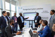 Google executives and Nigerian government officials in a modern conference room unveiling the ₦3 billion AI and digital security initiative, with a presentation screen showing data charts and the Google log