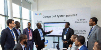 Google executives and Nigerian government officials in a modern conference room unveiling the ₦3 billion AI and digital security initiative, with a presentation screen showing data charts and the Google log