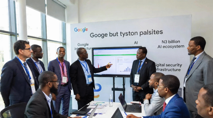 Google executives and Nigerian government officials in a modern conference room unveiling the ₦3 billion AI and digital security initiative, with a presentation screen showing data charts and the Google log