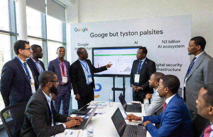 Google Launches ₦3 Billion Initiative to Boost Nigeria’s AI Ecosystem and Digital Security Google executives and Nigerian government officials in a modern conference room unveiling the ₦3 billion AI and digital security initiative, with a presentation screen showing data charts and the Google log