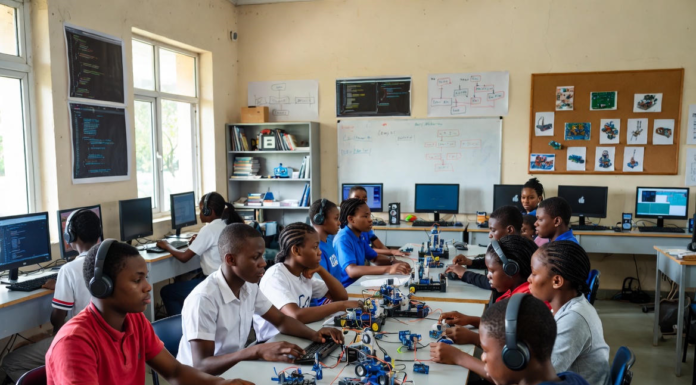 Nigerian school children in uniforms excitedly building robots and coding on computers in a bright classroom filled with circuit boards, laptops and moving robotic projects.