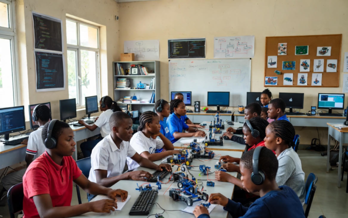 How Robotics and Coding Classes Are Revolutionising Nigeria’s Education System Nigerian school children in uniforms excitedly building robots and coding on computers in a bright classroom filled with circuit boards, laptops and moving robotic projects.