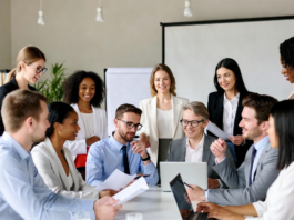 Nigerian government officials, researchers, and experts gathered in a modern conference room discussing biotechnology policy updates, with screens showing biotech innovations like GM crops and lab equipment.