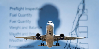 ‘Behaviour, not technology, defines Nigeria’s aviation outlook’ A modern Nigerian commercial aircraft in flight with a transparent overlay of a cracked pre-flight safety checklist and a human silhouette, emphasising that human behaviour, not hardware, shapes aviation safety.