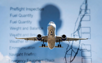 ‘Behaviour, not technology, defines Nigeria’s aviation outlook’ A modern Nigerian commercial aircraft in flight with a transparent overlay of a cracked pre-flight safety checklist and a human silhouette, emphasising that human behaviour, not hardware, shapes aviation safety.