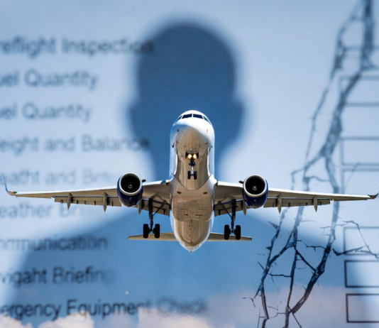 A modern Nigerian commercial aircraft in flight with a transparent overlay of a cracked pre-flight safety checklist and a human silhouette, emphasising that human behaviour, not hardware, shapes aviation safety.