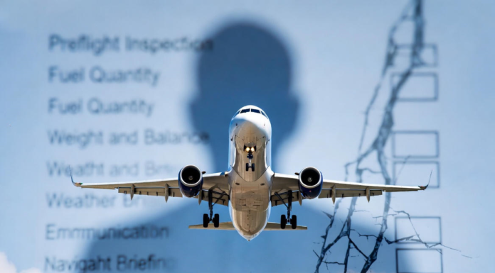 ‘Behaviour, not technology, defines Nigeria’s aviation outlook’ A modern Nigerian commercial aircraft in flight with a transparent overlay of a cracked pre-flight safety checklist and a human silhouette, emphasising that human behaviour, not hardware, shapes aviation safety.