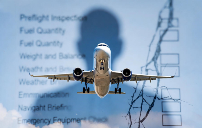 “Behaviour, Not Technology, Will Determine Nigeria’s Aviation Fut A modern Nigerian commercial aircraft in flight with a transparent overlay of a cracked pre-flight safety checklist and a human silhouette, emphasising that human behaviour, not hardware, shapes aviation safety.