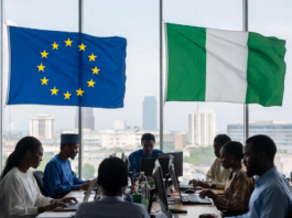 Nigerian and European officials in a modern conference room with EU and Nigerian flags, collaborating on laptops against a Lagos city skyline, symbolising partnership in digital innovation.