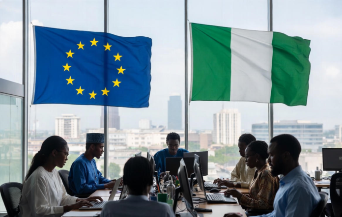 EU Pledges €45 Million to Accelerate Nigeria’s Digital Economy Growth Nigerian and European officials in a modern conference room with EU and Nigerian flags, collaborating on laptops against a Lagos city skyline, symbolising partnership in digital innovation.