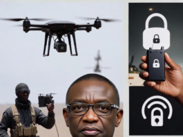 Minister Bosun Tijani surrounded by images of drones, encrypted devices, and armed bandits, highlighting the challenge of criminals using advanced technology