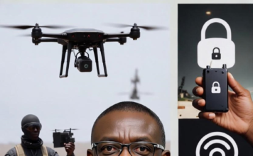 Minister Bosun Tijani surrounded by images of drones, encrypted devices, and armed bandits, highlighting the challenge of criminals using advanced technology