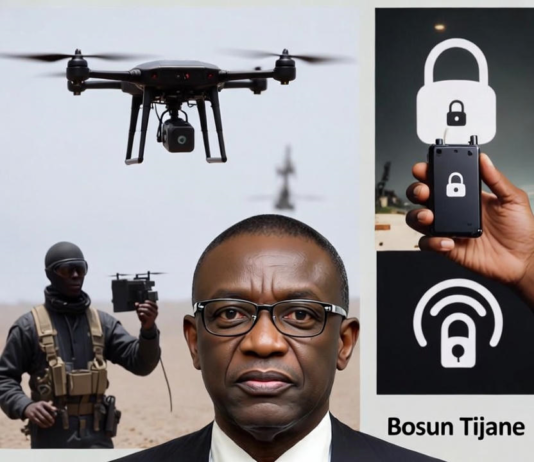 Bosun Tijani Addresses Bandits’ Use of Technology to Evade Tracking Minister Bosun Tijani surrounded by images of drones, encrypted devices, and armed bandits, highlighting the challenge of criminals using advanced technology