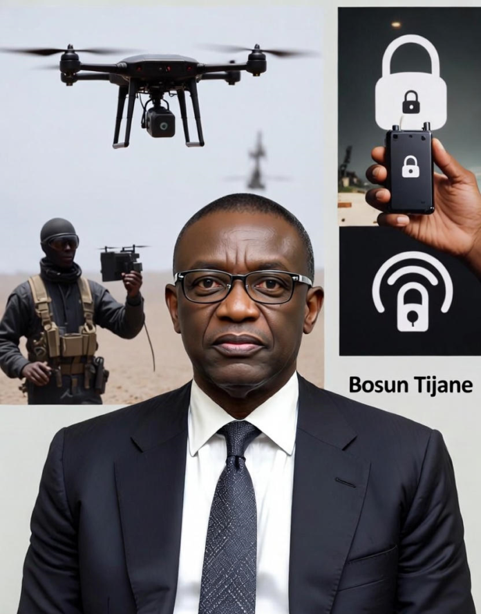 Bosun Tijani Tackles Bandits' Use of Tech to Evade Tracking Minister Bosun Tijani surrounded by images of drones, encrypted devices, and armed bandits, highlighting the challenge of criminals using advanced technology