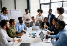 How Nigeria Can Become AI Hub for Africa Diverse group of Nigerian tech leaders, entrepreneurs, and developers in a modern office brainstorming around laptops and data charts, symbolizing Nigeria’s ambition to lead Africa in AI innovation.