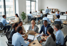 Nigeria Banks on Digital Transformation for Efficient Tax System Modern tax operations centre in Nigeria with analysts using large digital dashboards, AI-powered revenue tracking, holographic tax data and automated filing systems.