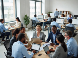 Modern tax operations centre in Nigeria with analysts using large digital dashboards, AI-powered revenue tracking, holographic tax data and automated filing systems.