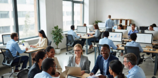 Nigeria Banks on Digital Transformation for Efficient Tax System Modern tax operations centre in Nigeria with analysts using large digital dashboards, AI-powered revenue tracking, holographic tax data and automated filing systems.