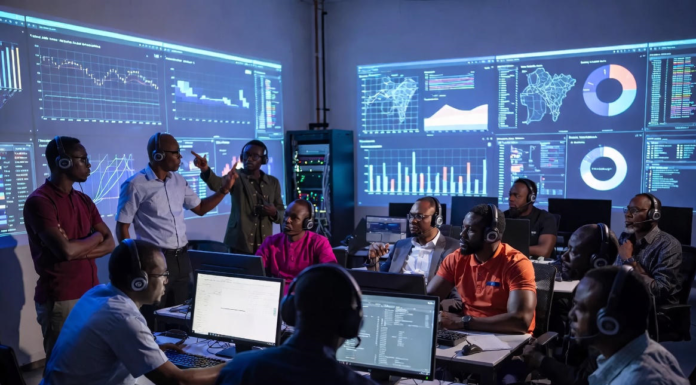Nigerian cybercrime investigators and law enforcement officers wearing headsets in a futuristic command centre, tracking dark-web trafficking networks and cryptocurrency trails on massive glowing screens.