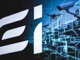 Futuristic border security visualization with EIB Group logo, surveillance cameras, drones, digital network grid, and global connectivity lines.