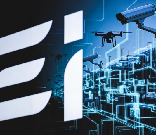 Futuristic border security visualization with EIB Group logo, surveillance cameras, drones, digital network grid, and global connectivity lines.