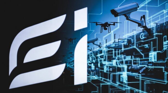 NIS Explores EIB Group’s Tech Infrastructure for Border Security Futuristic border security visualization with EIB Group logo, surveillance cameras, drones, digital network grid, and global connectivity lines.