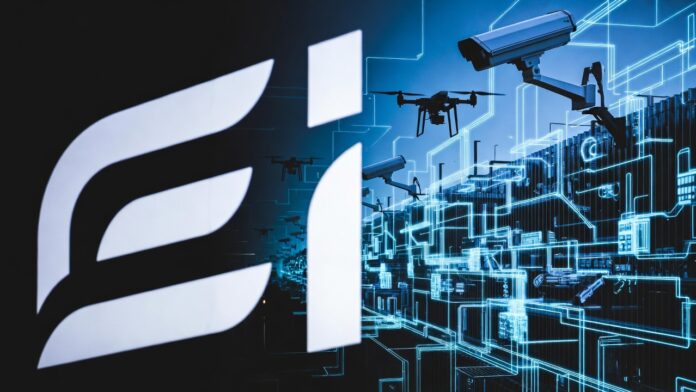 Futuristic border security visualization with EIB Group logo, surveillance cameras, drones, digital network grid, and global connectivity lines.