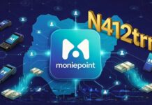 Moniepoint Processes N412trn in Payments, Underlining Dominance in Nigeria’s Retail Transactions Moniepoint logo over Nigeria map outline on blue-cyan gradient, with POS devices, smartphones, naira notes, digital connections, and large golden N412trn figure.