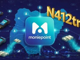 Moniepoint logo over Nigeria map outline on blue-cyan gradient, with POS devices, smartphones, naira notes, digital connections, and large golden N412trn figure.