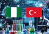 Nigeria and Türkiye Collaborate on Joint Research and Innovation Financing Nigeria and Türkiye flags connected by digital innovation network, with laboratory equipment, microscope, test tubes, and scientific symbols in a futuristic blue background.