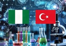 Nigeria and Türkiye Collaborate on Joint Research and Innovation Financing Nigeria and Türkiye flags connected by digital innovation network, with laboratory equipment, microscope, test tubes, and scientific symbols in a futuristic blue background.