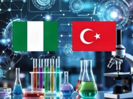 Nigeria and Türkiye flags connected by digital innovation network, with laboratory equipment, microscope, test tubes, and scientific symbols in a futuristic blue background.