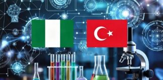 Nigeria and Türkiye flags connected by digital innovation network, with laboratory equipment, microscope, test tubes, and scientific symbols in a futuristic blue background.