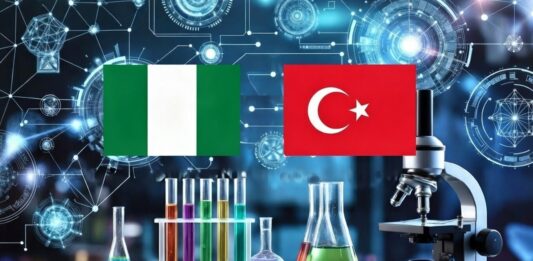Nigeria and Türkiye flags connected by digital innovation network, with laboratory equipment, microscope, test tubes, and scientific symbols in a futuristic blue background.