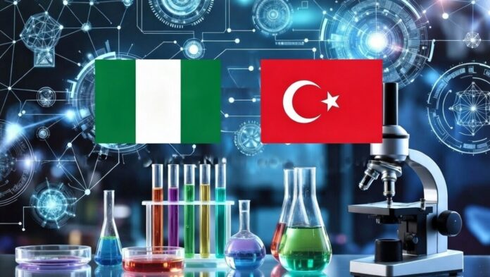 Nigeria–Türkiye Joint Research & Innovation Financing Nigeria and Türkiye flags connected by digital innovation network, with laboratory equipment, microscope, test tubes, and scientific symbols in a futuristic blue background.