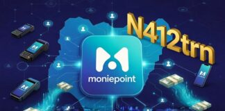 Moniepoint logo over Nigeria map outline on blue-cyan gradient, with POS devices, smartphones, naira notes, digital connections, and large golden N412trn figure.