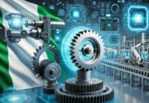 Okonjo-Iweala Calls on Nigeria to Move from Tech Imports to Local Production Nigerian flag integrated with futuristic manufacturing scene featuring gears, robotic arms, circuit boards, and high-tech assembly lines symbolizing local tech production.