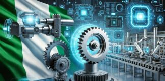 Nigerian flag integrated with futuristic manufacturing scene featuring gears, robotic arms, circuit boards, and high-tech assembly lines symbolizing local tech production.