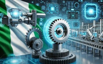 Nigerian flag integrated with futuristic manufacturing scene featuring gears, robotic arms, circuit boards, and high-tech assembly lines symbolizing local tech production.
