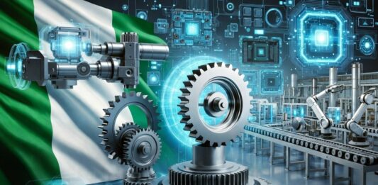 Nigerian flag integrated with futuristic manufacturing scene featuring gears, robotic arms, circuit boards, and high-tech assembly lines symbolizing local tech production.