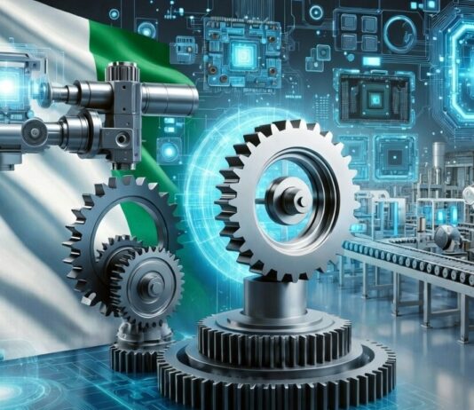 Nigerian flag integrated with futuristic manufacturing scene featuring gears, robotic arms, circuit boards, and high-tech assembly lines symbolizing local tech production.