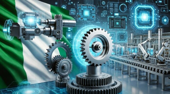 Okonjo-Iweala Calls on Nigeria to Move from Tech Imports to Local Production Nigerian flag integrated with futuristic manufacturing scene featuring gears, robotic arms, circuit boards, and high-tech assembly lines symbolizing local tech production.