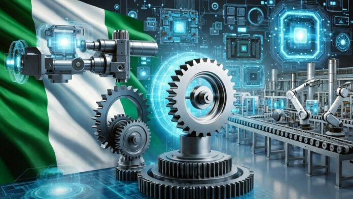 Nigerian flag integrated with futuristic manufacturing scene featuring gears, robotic arms, circuit boards, and high-tech assembly lines symbolizing local tech production.