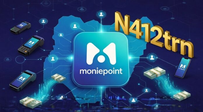 Moniepoint Processes N412trn in Payments, Underlining Dominance in Nigeria’s Retail Transactions Moniepoint logo over Nigeria map outline on blue-cyan gradient, with POS devices, smartphones, naira notes, digital connections, and large golden N412trn figure.